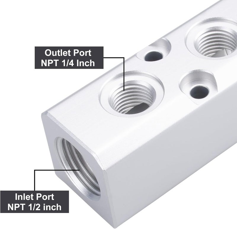 MARSTEK 2PCS Air Manifold, 2 Way 4 Port Air Compressor Manifold, Aluminum Air Hose Inline Manifold Block Splitter, Pneumatic Manifold Air Distribution Block, NPT 1/2 Inch Supply Port, NPT 1/4 Inch Output Port - Image 3